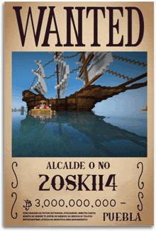 a wanted poster with a ship in the ocean