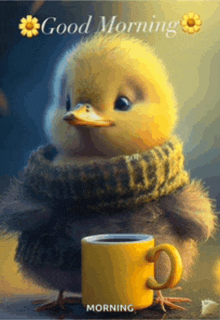 a duck with a scarf around its neck is holding a yellow cup of coffee and says good morning morning