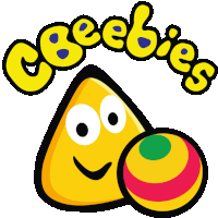 a cbeebies logo with a yellow triangle and a red ball