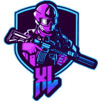 a purple and blue logo with a soldier holding a gun and the letter xl