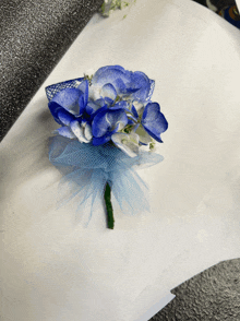 a bouquet of blue and white flowers with a blue tulle bow