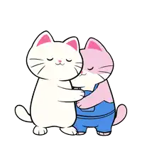 a white cat is hugging a pink cat in blue overalls