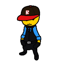 a cartoon character wearing a black hat with a red letter r on it