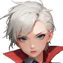 a girl with short white hair and blue eyes is wearing a red jacket and a red collar .