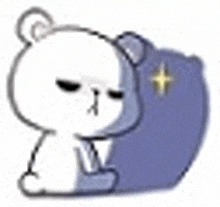 a white bear is sitting next to a purple pillow with a star on it .