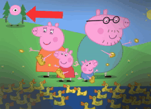 a cartoon drawing of peppa pig and her family with an arrow pointing to a monster