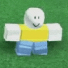 a white roblox character wearing a yellow shirt and blue shorts is standing on a green field .