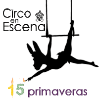 a flyer for circo en escena shows a silhouette of a woman hanging from a trapeze