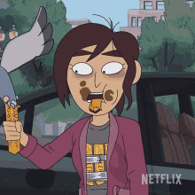 a cartoon of a woman eating a peanut butter bar with a netflix logo behind her