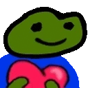 a green frog is holding a red heart in his hands .