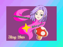 an illustration of a girl with purple hair and a mushroom with the words " and you are halfway there " on it