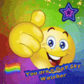 a smiley face is giving a thumbs up with the words you are a gay sky watcher below it