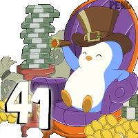 a penguin in a top hat sits in a chair with the number 41 in front of him