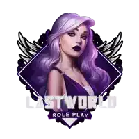 a logo for last world role play features a woman with purple hair and wings