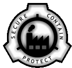 a black and white logo for secure contain protect with a factory in the center .