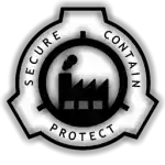 a black and white logo for secure contain protect with a factory in the center .