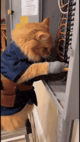 an orange cat wearing a blue jacket and gloves is working on a electrical box .
