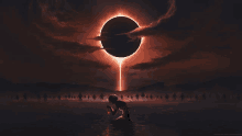 a painting of a person kneeling in front of a huge eclipse