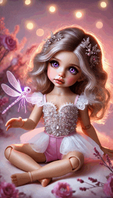 a doll with purple eyes and a dragonfly on her hand