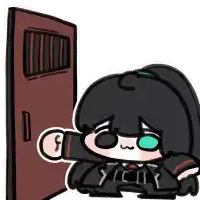 a cartoon of a girl sitting in front of a door with a hand on it .