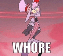 a cartoon character is standing in front of a red background with the word whore written on it .