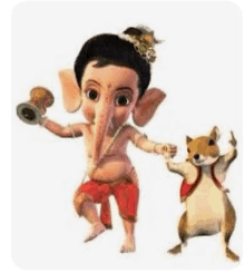 a cartoon of a baby ganesha and a squirrel dancing together .