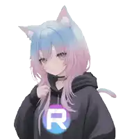 a girl with cat ears is wearing a black hoodie with the letter r on the front