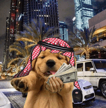 a dog wearing a red and white head scarf is holding a bunch of money