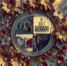 a painting of flowers with a bizhaps logo in the middle