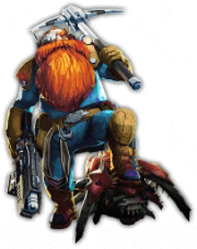 a man with an orange beard is holding a pickaxe and a rifle