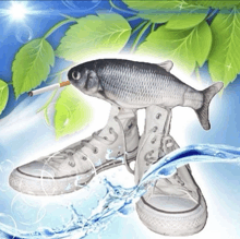 a fish with a cigarette in its mouth is sitting on a pair of white shoes