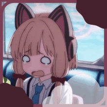 a girl with cat ears is wearing headphones and making a surprised face