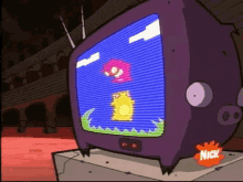 a purple cartoon television with a nick logo on it