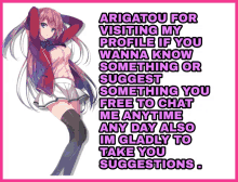 an anime girl is standing in front of a sign that says arigatou for visiting my profile if you wanna know something or suggest something