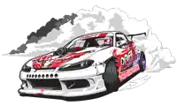 a red and white drift car with smoke coming out of the hood