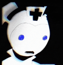 a white nurse with blue eyes and a cross on her head