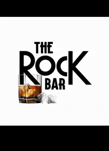 a logo for the rock bar shows a glass of whiskey and ice cubes