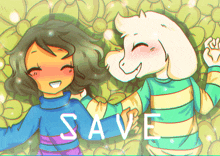 a cartoon drawing of a girl and a goat with the word save written on the bottom