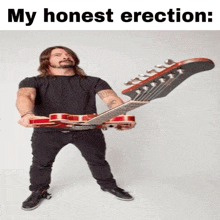 a man holding a guitar with the words my honest erection