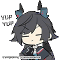 a cartoon of a girl with horns and the words `` yup yup '' on her face .