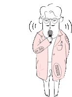 a cartoon drawing of a man holding a microphone with a patch on his jacket that says suppressing tongue