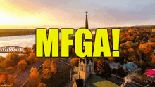 an aerial view of a church with the words mfga in yellow