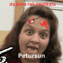 a woman with a guitar on her forehead and the word petrsun below her