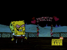a cartoon of spongebob standing in front of a valentine 's day carnival sign