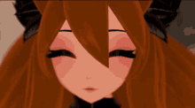 a close up of a girl 's face with horns on her ears