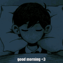 a cartoon of a boy laying in bed with the words good morning < 3 below him