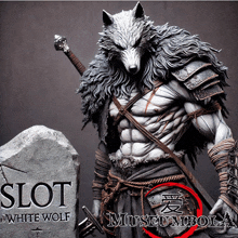 a statue of a white wolf with a sword standing next to a sign that says slot white wolf