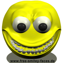 a yellow smiley face with braces on its teeth and the website www.free-smiley-faces.de