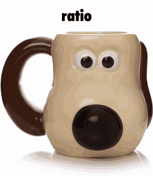 a coffee mug with a dog face on it and the word ratio above it