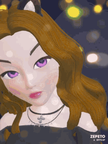 a close up of a cartoon girl with purple eyes and the name zepeto at the bottom
